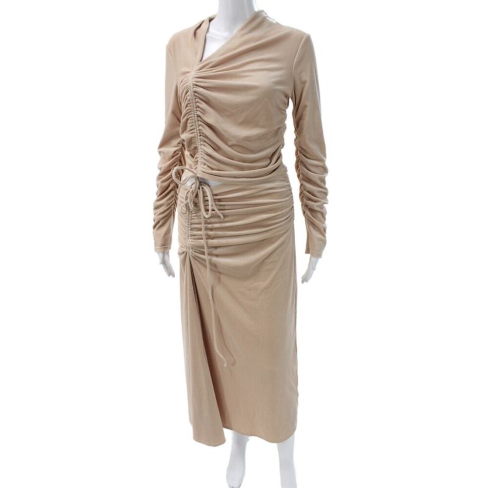 A.L.C. Womens Ruched Long Sleeves Blouse Maxi Skirt Set Beige Size 8/6